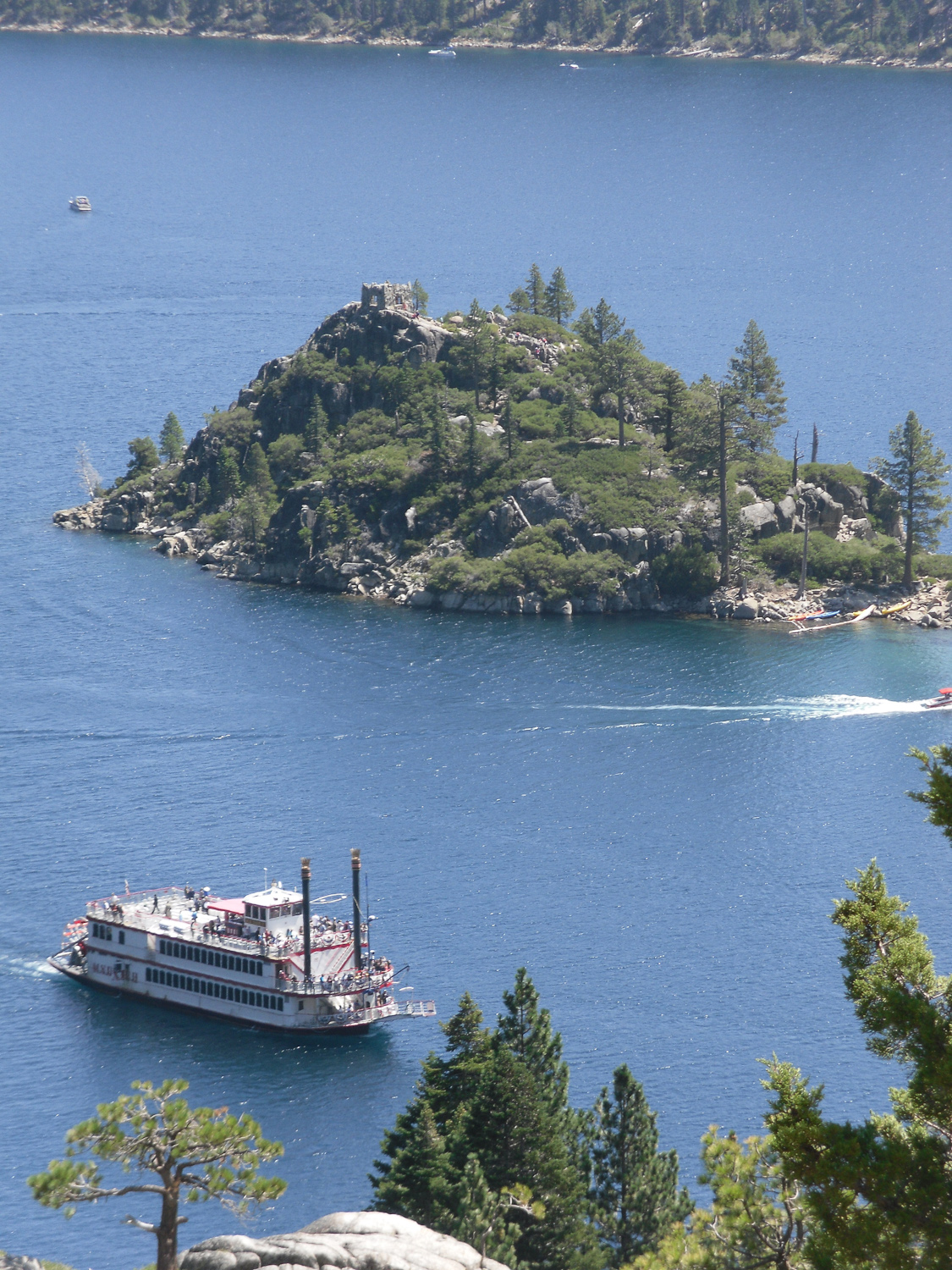 Views of Fannette Island in Emerald Bay from trail to Vikingsholm- Tahoe Queen in foreground